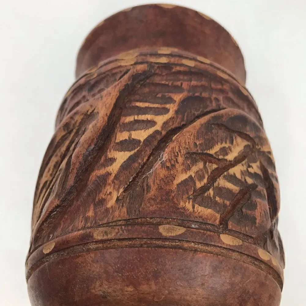Wood Hand Carved Brown Turned Pedestal  Vase